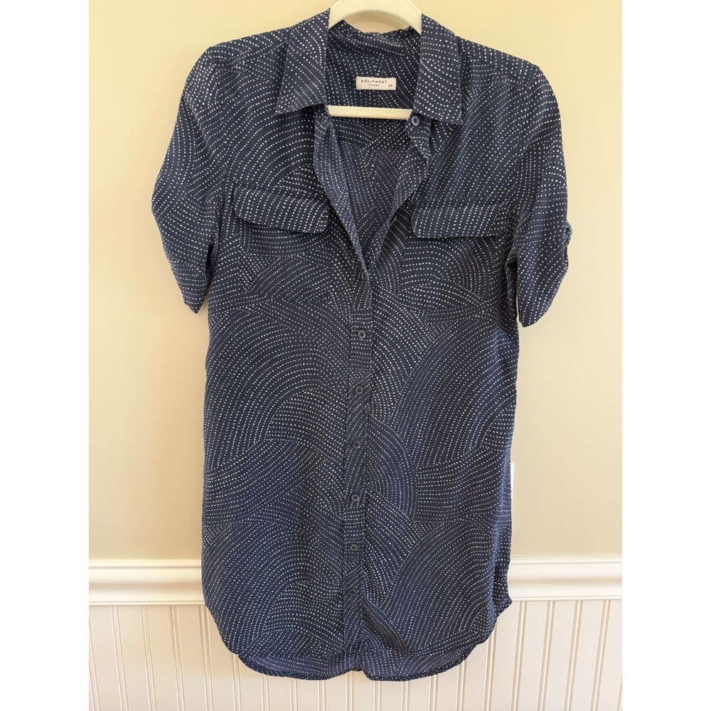 Equipment Femme Silk Shirt Dress Navy Dotted Swirl Print Short Sleeve Small